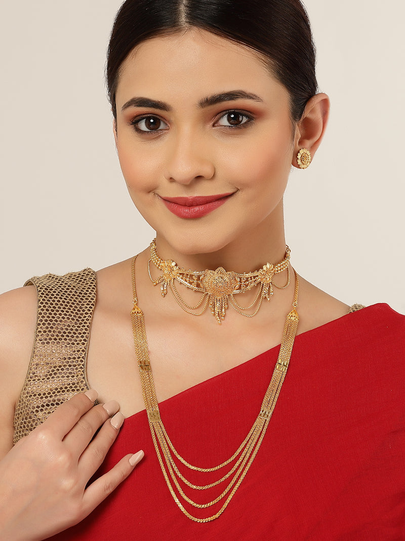 Gold-Plated Floral Intricate Textured Jewellery Set Combo