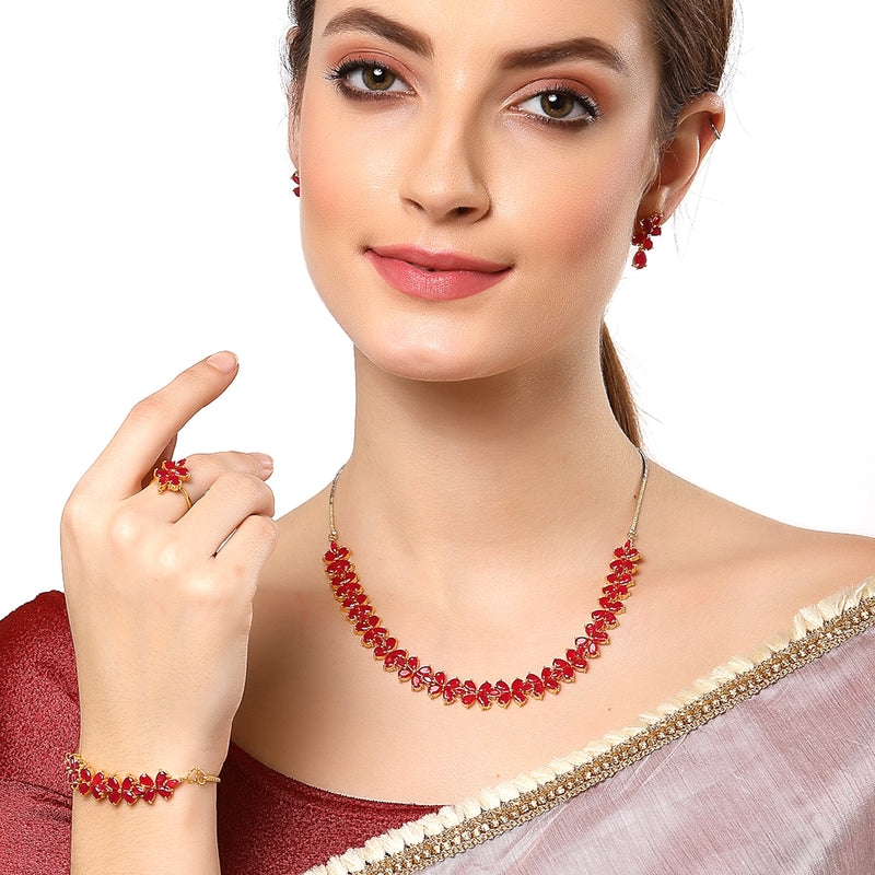 18K Gold-Plated Flower Shaped American Diamond Studded Handcrafted Jewellery Set Combo