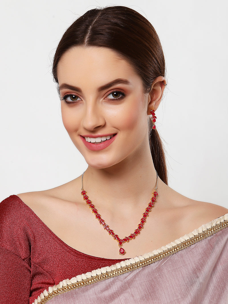 Stylish Temple Gold-Plated Red American Diamond-Studded Jewellery Set