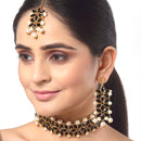 Black & White Stone Studded & Beaded Flower Shaped Gold-Plated Choker Necklace With Earrings & Maang Tika