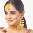 Yellow & White Stone Studded & Beaded Flower Shaped Gold-Plated Choker Bridal Necklace With Earrings & Maang Tika