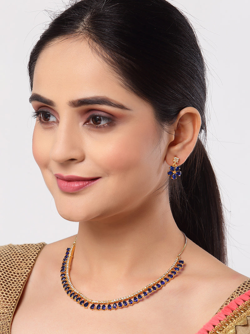 Floral Shaped Gold-Plated Navy Blue American Diamond Studded  Jewellery Set with Earrings