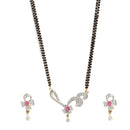 Gold-Plated White & Red AD-Studded & Black Beaded Mangalsutra With Earrings