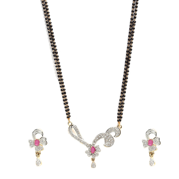 Gold-Plated White & Red AD-Studded & Black Beaded Mangalsutra With Earrings