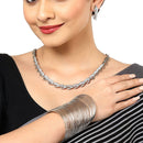 Leaf Shaped Silver-Plated & White American Diamond Studded Jewellery Set Combo