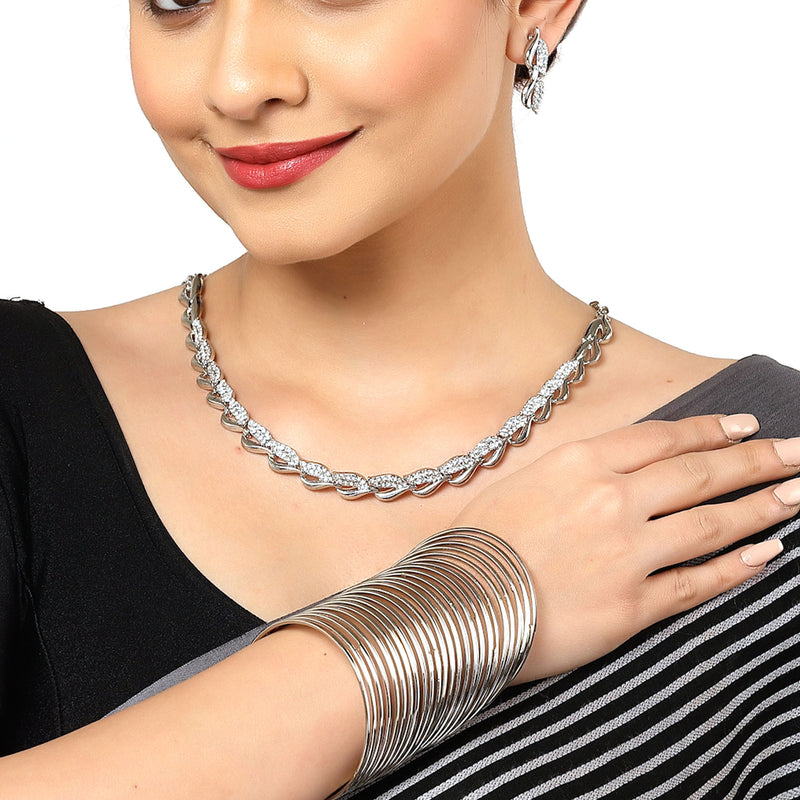 Leaf Shaped Silver-Plated & White American Diamond Studded Jewellery Set Combo