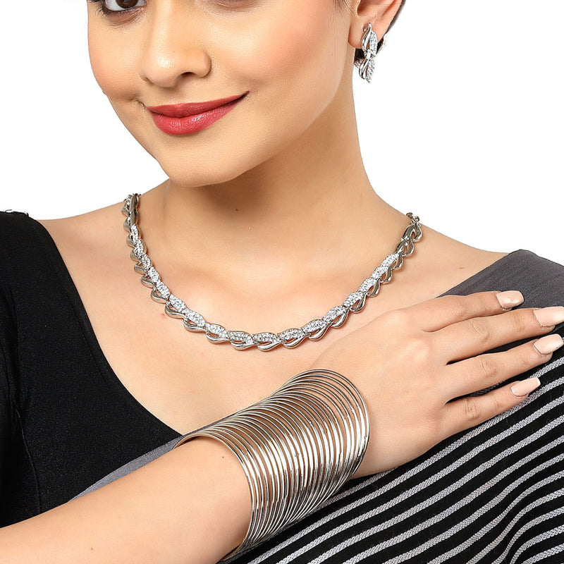 Leaf Shaped Silver-Plated & White American Diamond Studded Jewellery Set Combo