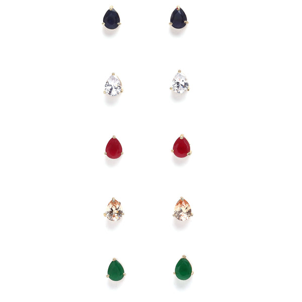 Gold-Plated Red, Green, Blue and White Teardrop Shaped Studs Earrings