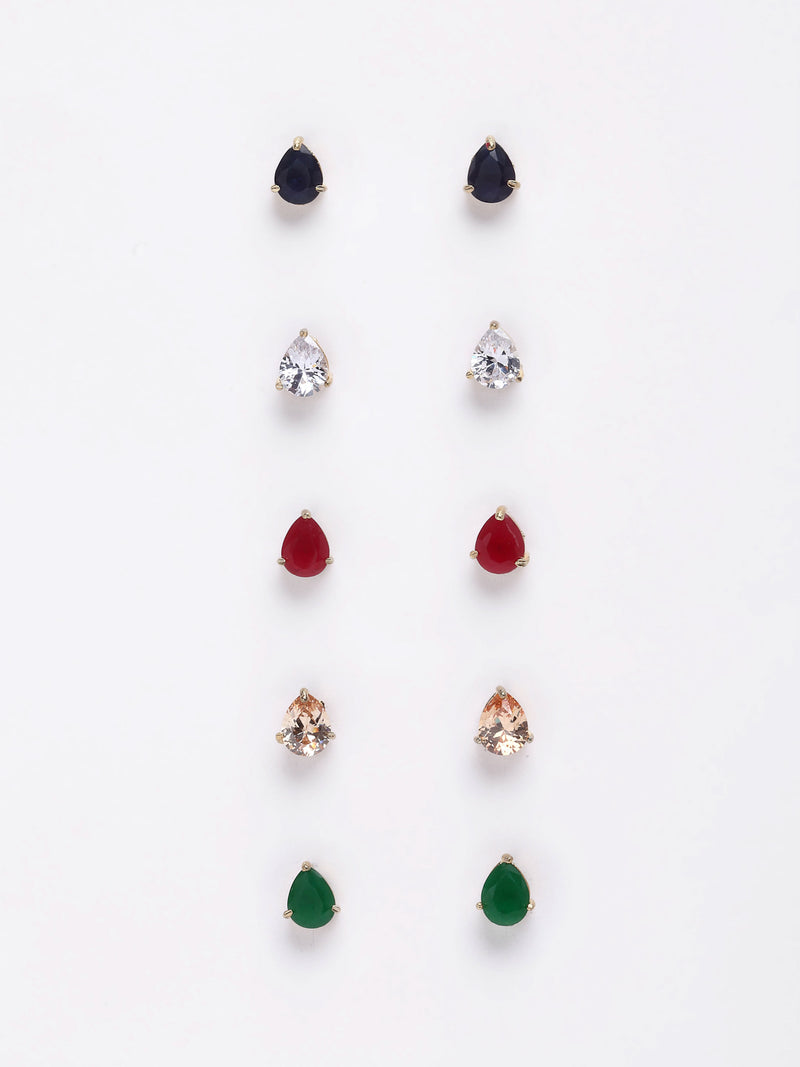 Gold-Plated Red, Green, Blue and White Teardrop Shaped Studs Earrings