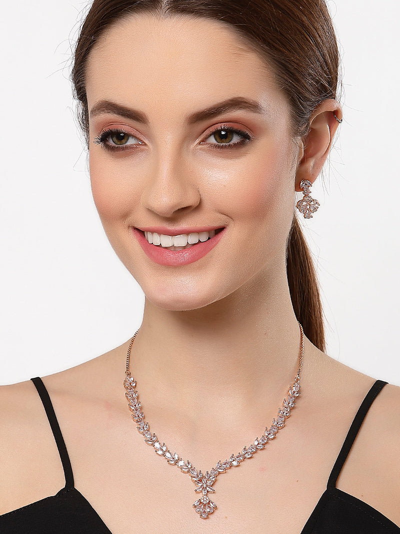 Rhodium Plated Silver Toned Floral Motif White AD Studded Necklace Set & Matching Earrings