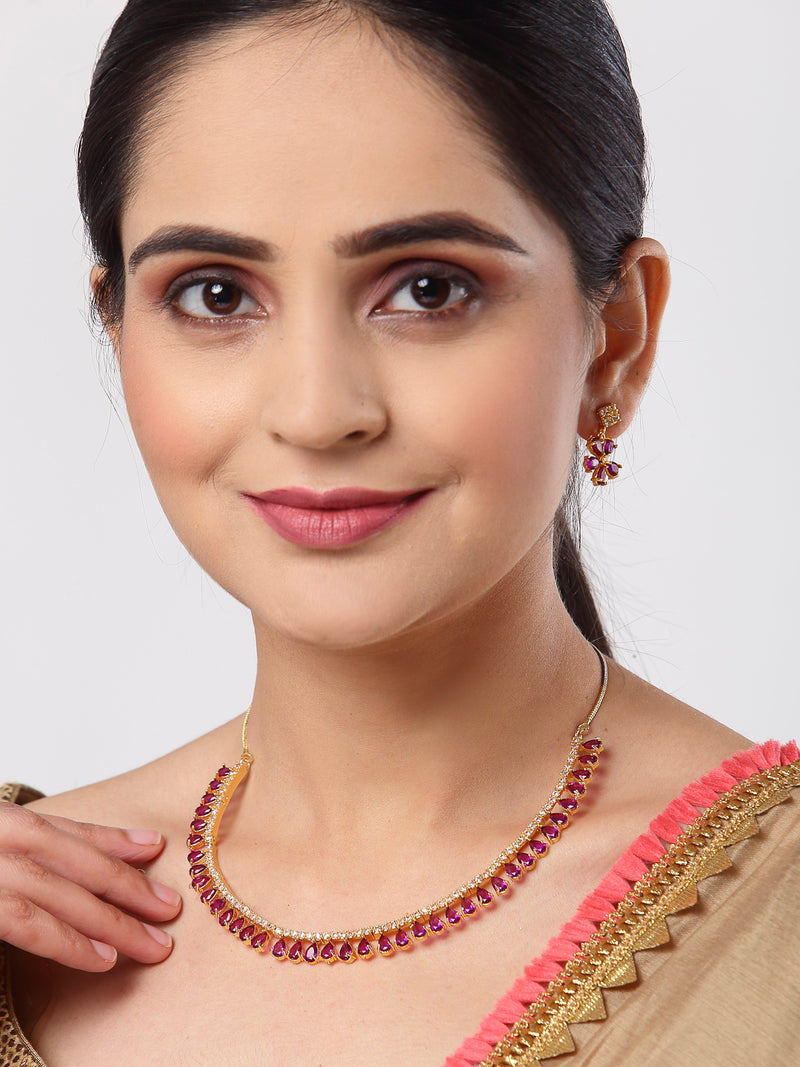 Floral Shaped Gold-Plated Pink American Diamond Studded Necklace Set with Earrings