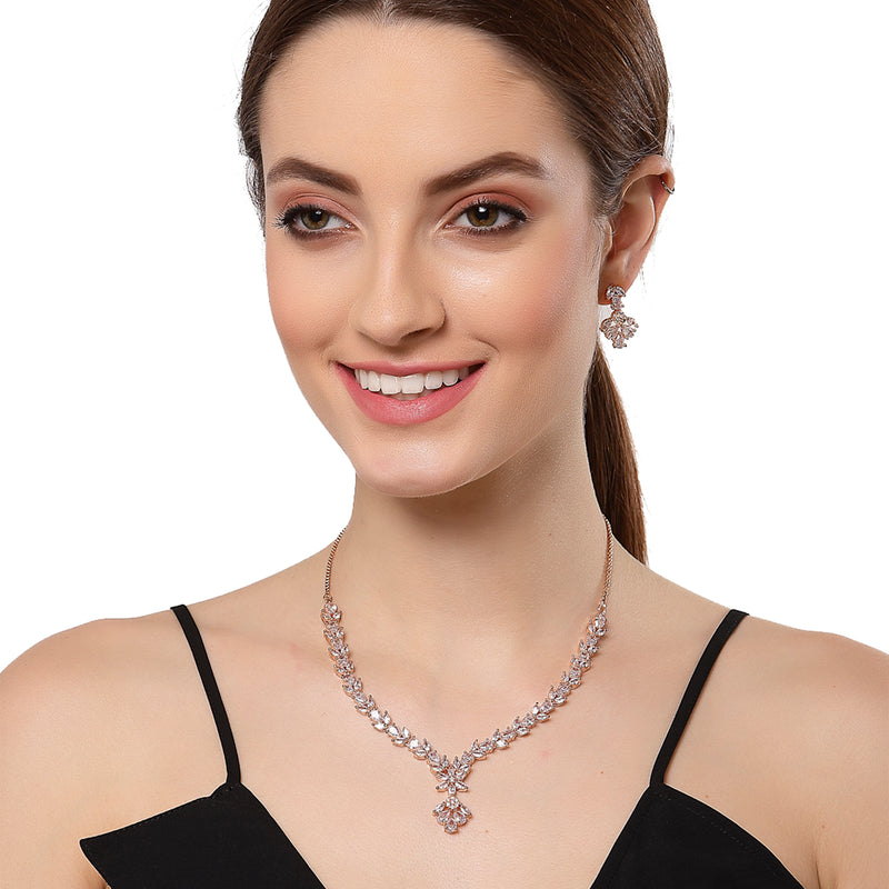 Rose Gold-Plated & White American Diamond Studded Floral Shaped Jewellery Set
