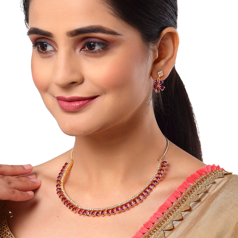 Floral Shaped Gold-Plated Pink American Diamond Studded Necklace Set with Earrings