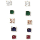 Green, Silver, Yellow, Blue & Red Square Princess Shaped Studs Earrings