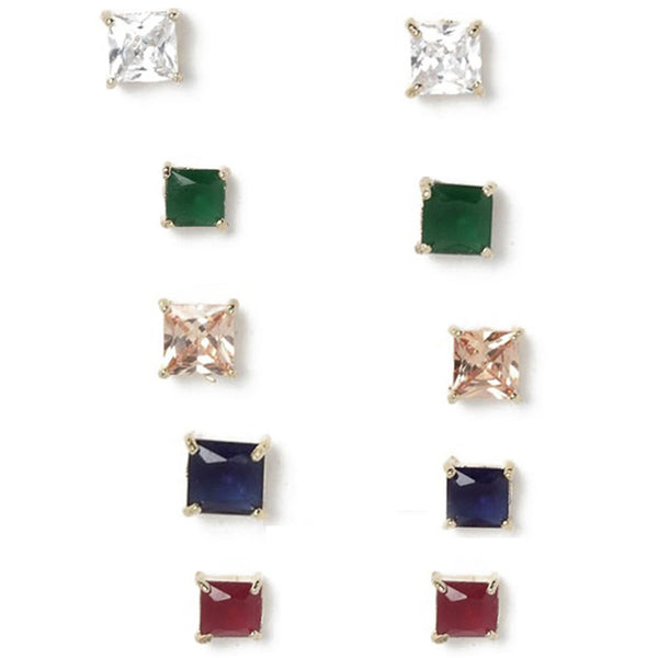Green, Silver, Yellow, Blue & Red Square Princess Shaped Studs Earrings
