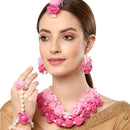 Pink & White Gold-Plated Pearl Gota Patti Flower Jewellery Set Combo