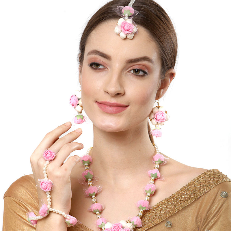 Gold-Plated Pink & White Pearl Gota Patti Flower Jewellery Set Combo ( Haldi, Mehndi, Bridal Shower )