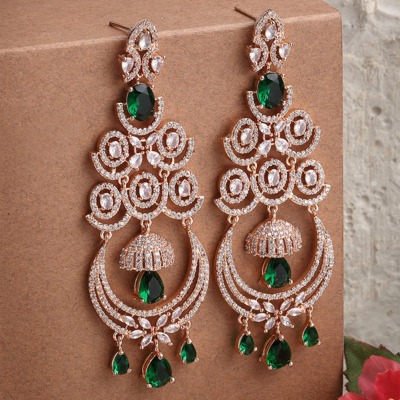 Green American Diamond with Rose Gold-Plated Contemporary Chandbalis Earrings