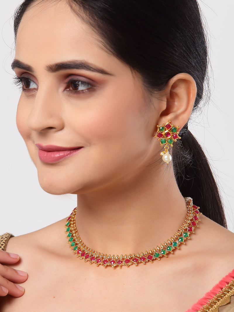 Traditional Style Red & Green Gold-Plated Choker Necklace and Earrings Set