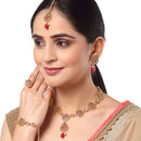 Floral Red Gold-Plated Green Kundan Studded Jewellery Set Combo