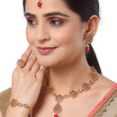 Floral Red Gold-Plated Green Kundan Studded Jewellery Set Combo