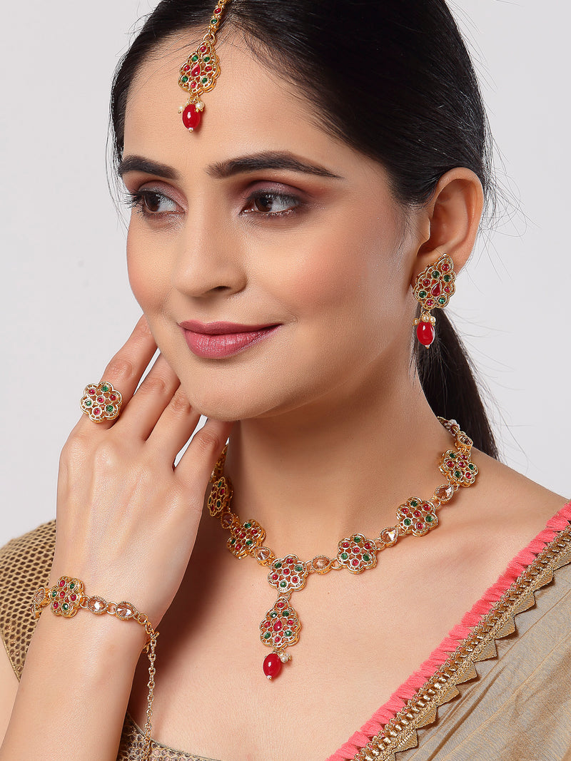 Floral Red Gold-Plated Green Kundan Studded Jewellery Set Combo