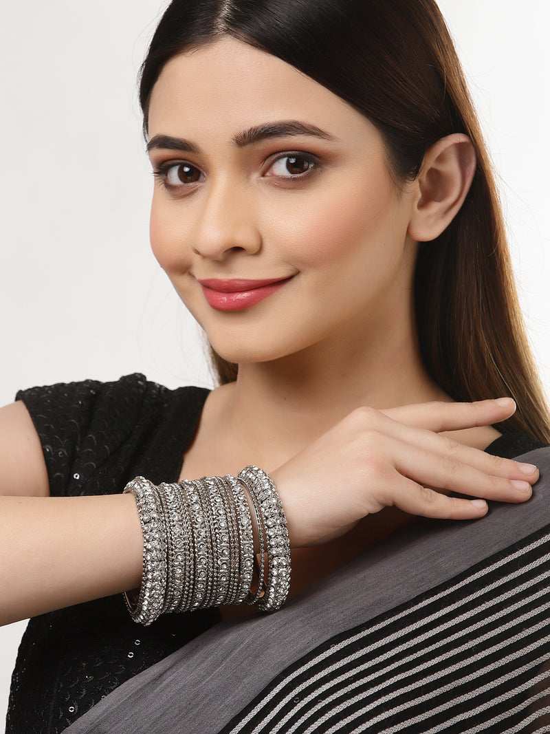 Rhodium-Plated with Silver-Tone Set of 28 Textured Oxidized Bangles