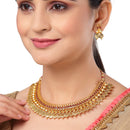 Traditional Gold-Plated Temple Coin Choker Red Peral Studded Necklace & Earring Jewellery Set