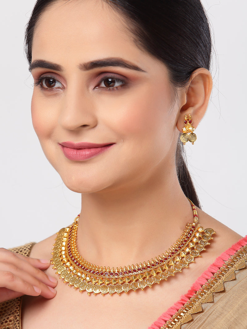 Traditional Gold-Plated Temple Coin Choker Red Peral Studded Necklace & Earring Jewellery Set