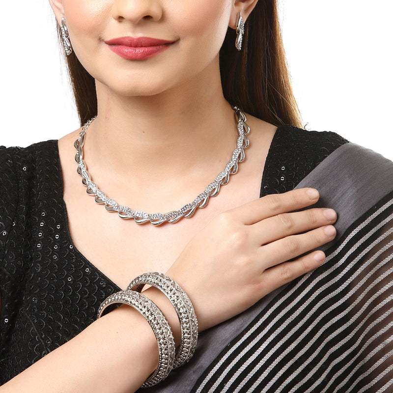 Rhodium-Plated with Silver-Tone White American Diamond Studded Jewellery Set Combo