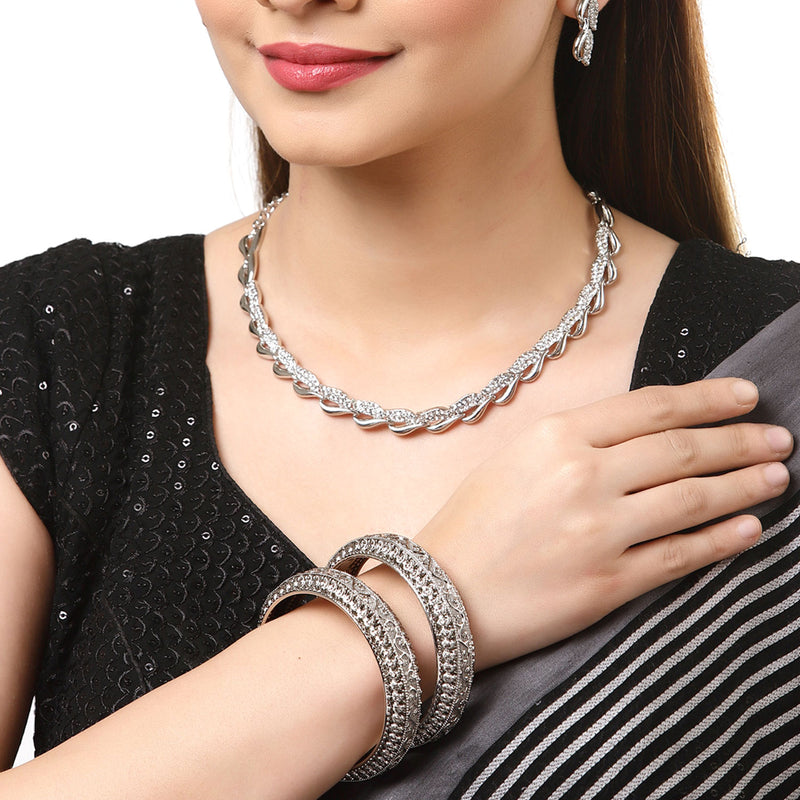 Rhodium-Plated with Silver-Tone White American Diamond Studded Jewellery Set Combo