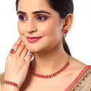Flower Shaped Green & Red Gold Plated American Diamond Studded Jewellery Set Combo