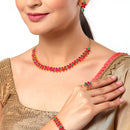 Flower Shaped Green & Red Gold Plated American Diamond Studded Jewellery Set Combo