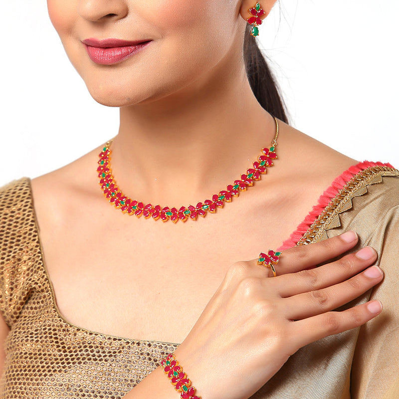 Flower Shaped Green & Red Gold Plated American Diamond Studded Jewellery Set Combo