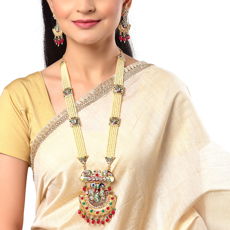 Meenakari Peacock Design Gold-Plated White Red Blue and Green Artificial Beads Studded Jewellery Set