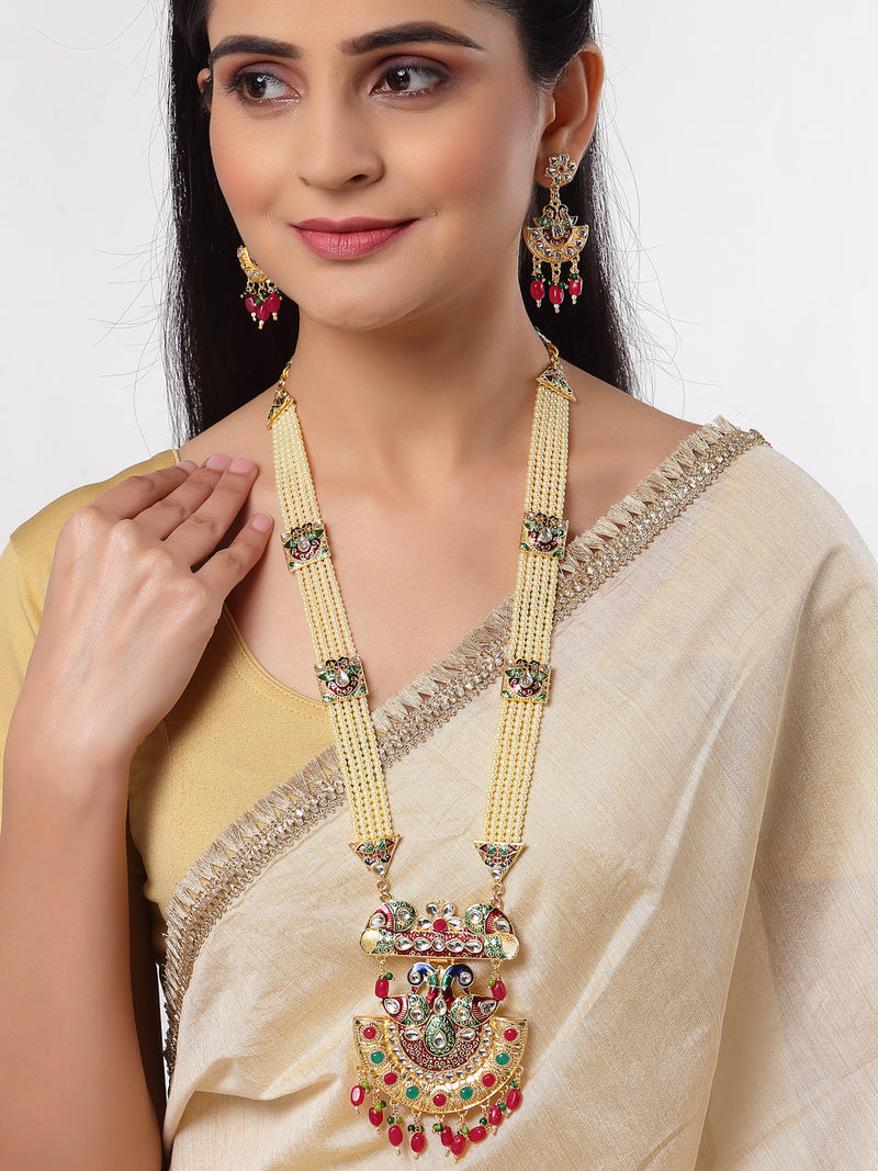 Meenakari Peacock Design Gold-Plated White Red Blue and Green Artificial Beads Studded Jewellery Set