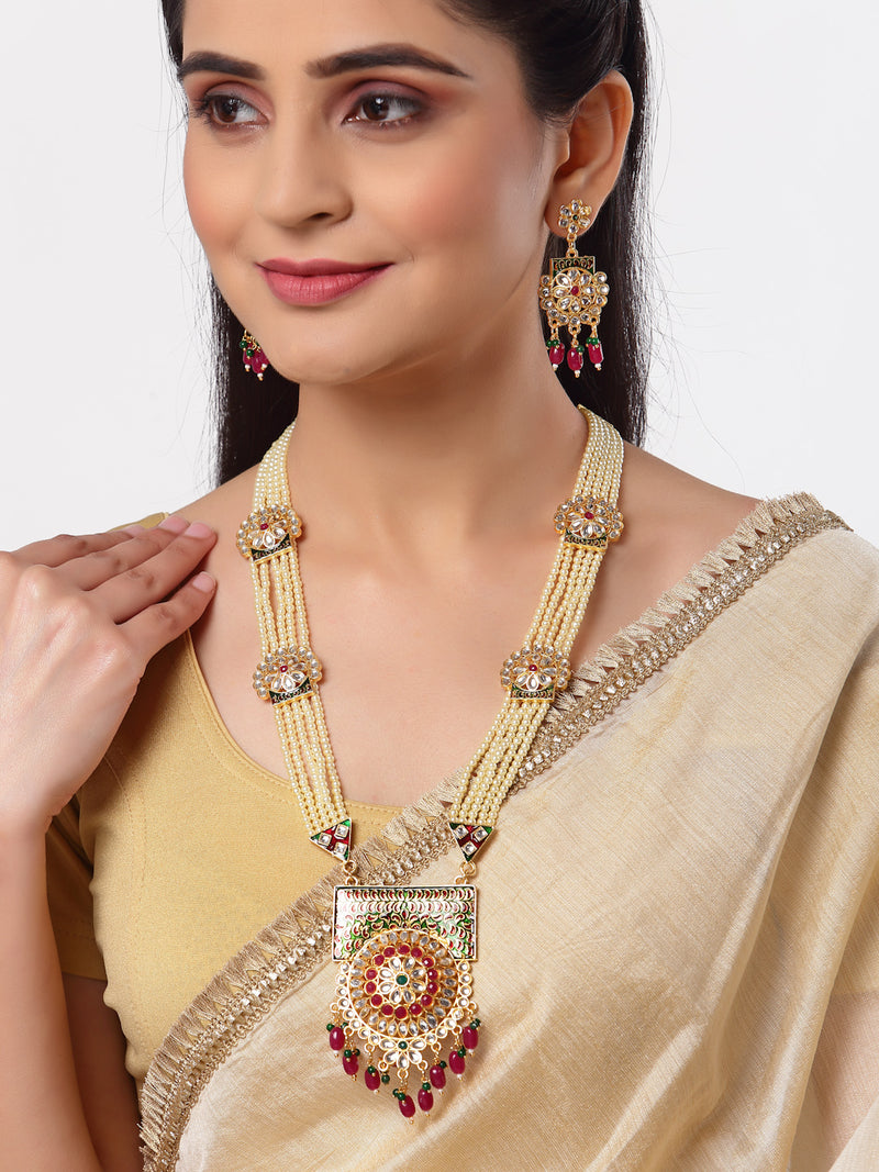 Meenakari White Red and Green Gold-Plated Meenakari & Kundan Studded Pearl Layered Jewellery Set