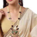 Meenakari Peacock Design Pendant with Multi-Strand Long Gold-Plated White Red Blue and Green Artificial Stones & Beads Studded Jewellery Set