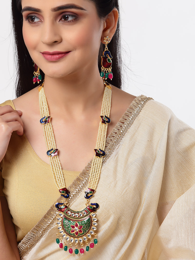 Meenakari Peacock Design Pendant with Multi-Strand Long Gold-Plated White Red Blue and Green Artificial Stones & Beads Studded Jewellery Set