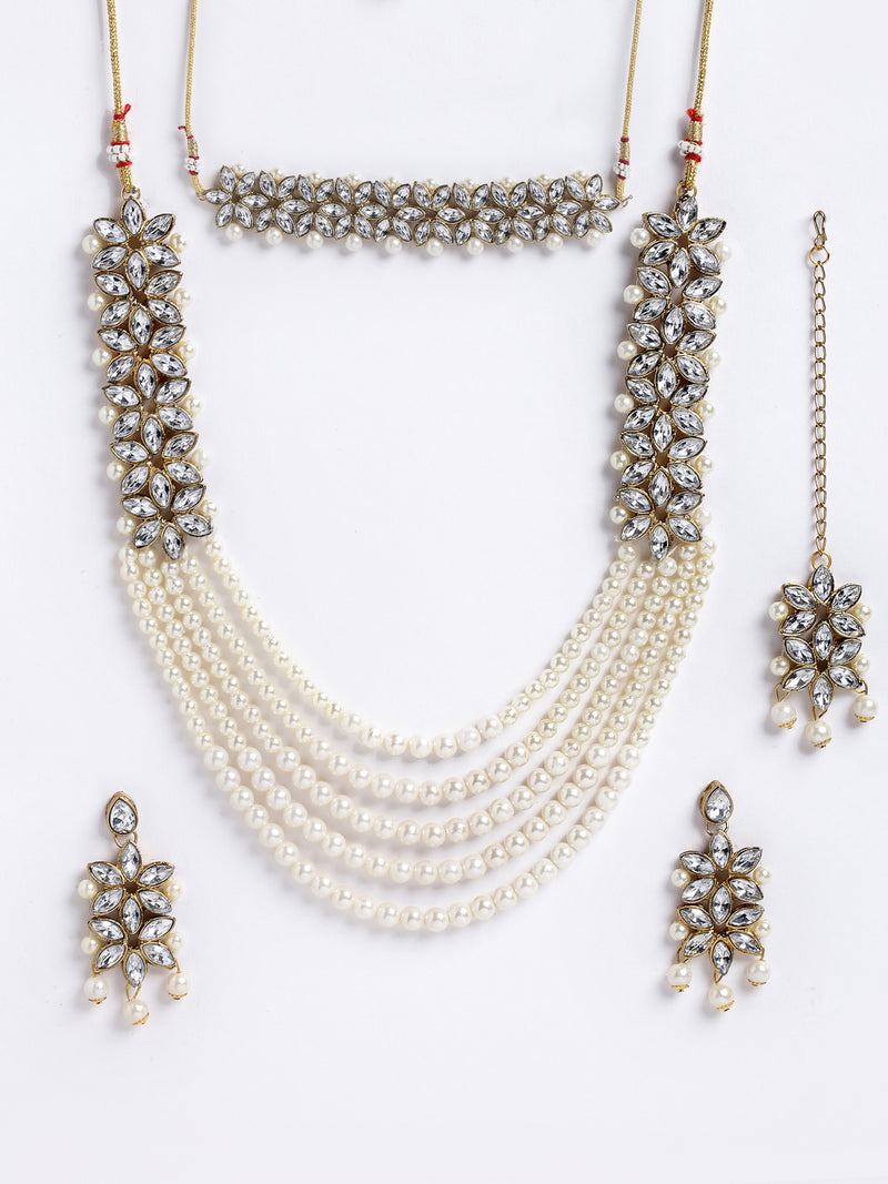 Flower Shaped Gold-Plated & White Kundan-Studded Five Layered Jewellery Set Combo