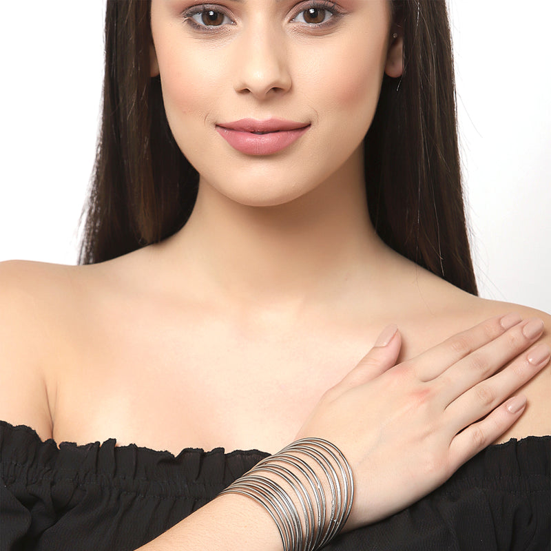 Rhodium-Plated with Oxidised Silver-Tone Set Of 24 Pcs Bangles For Women and Girls