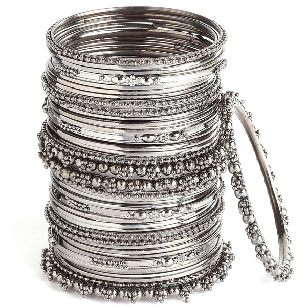 Rhodium-Plated with Silver-Tone Set of 40 and Oxidised Textured Bangle