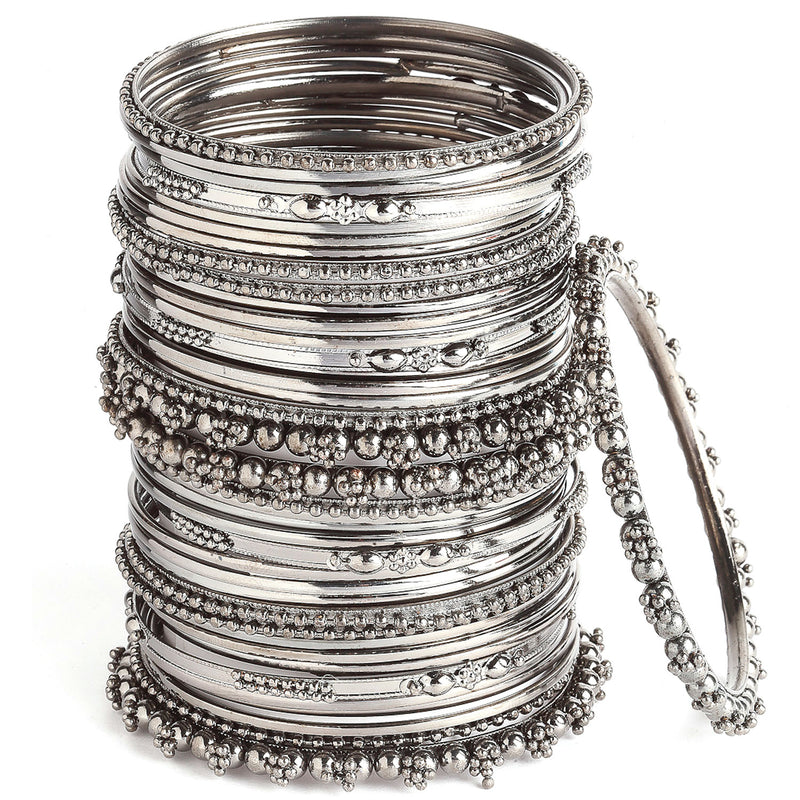 Rhodium-Plated with Silver-Tone Set of 40 and Oxidised Textured Bangle
