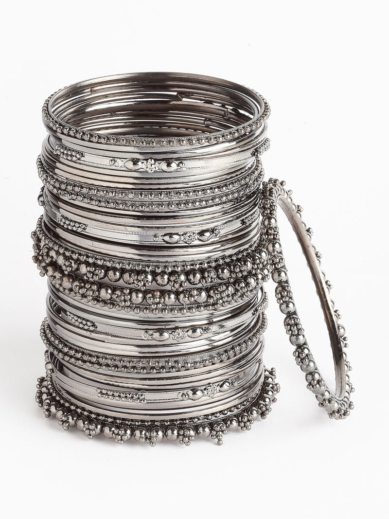 Rhodium-Plated with Silver-Tone Set of 40 and Oxidised Textured Bangle