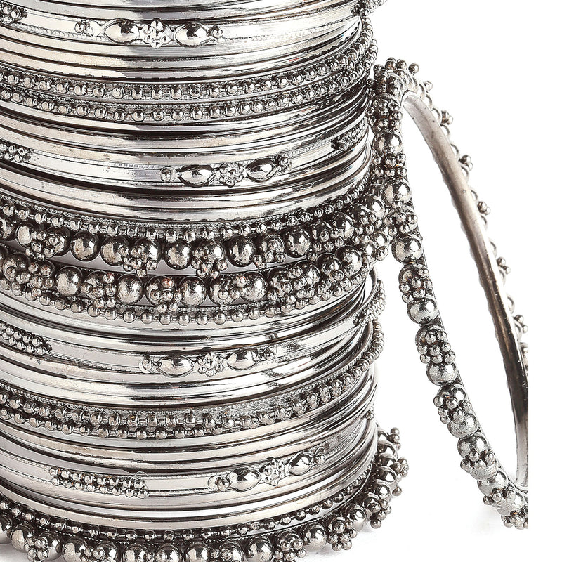 Rhodium-Plated with Silver-Tone Set of 40 and Oxidised Textured Bangle