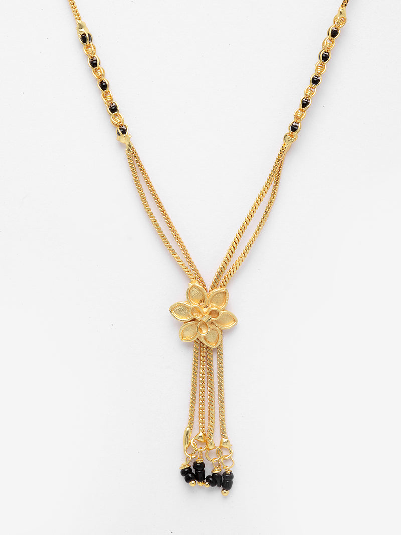 Gold-Plated & Black Beaded Floral Mangalsutra For Women