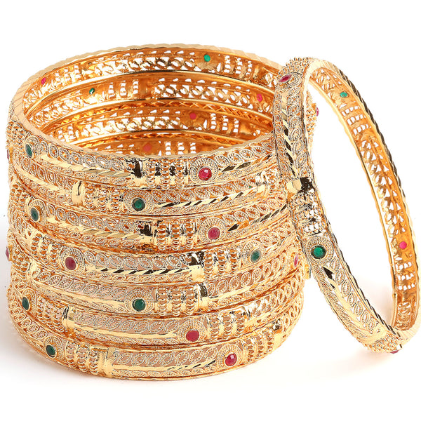 Gold-Plated & Red Stones-Studded Set Of 8 Meenakari  Bangles