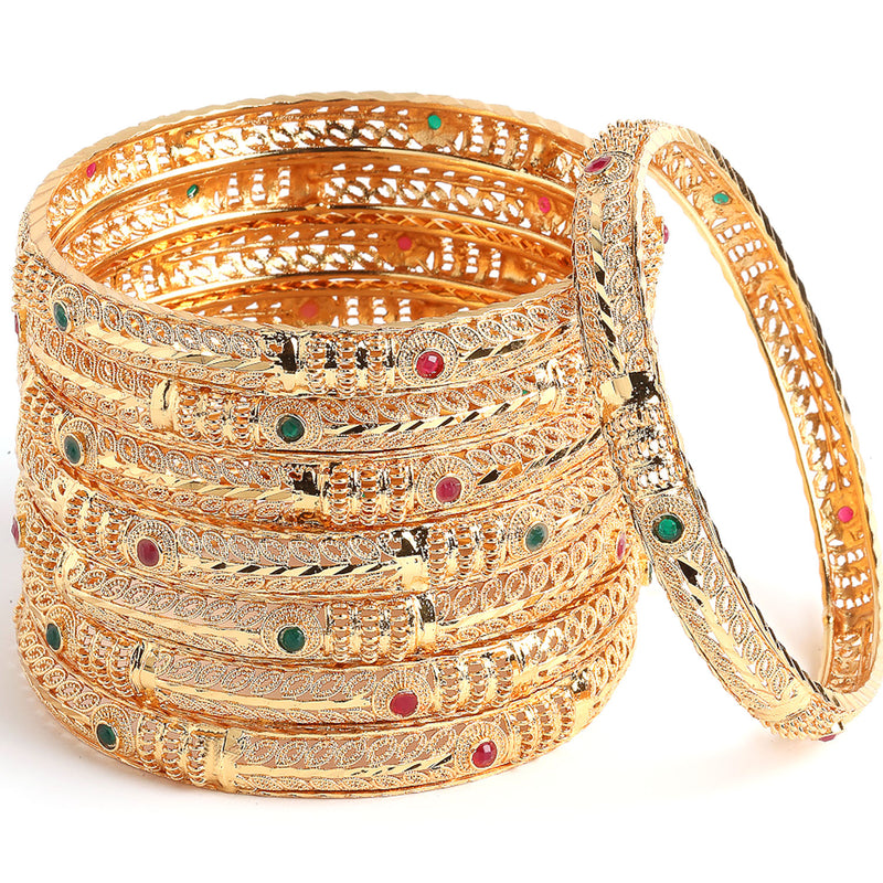 Gold-Plated & Red Stones-Studded Set Of 8 Meenakari  Bangles