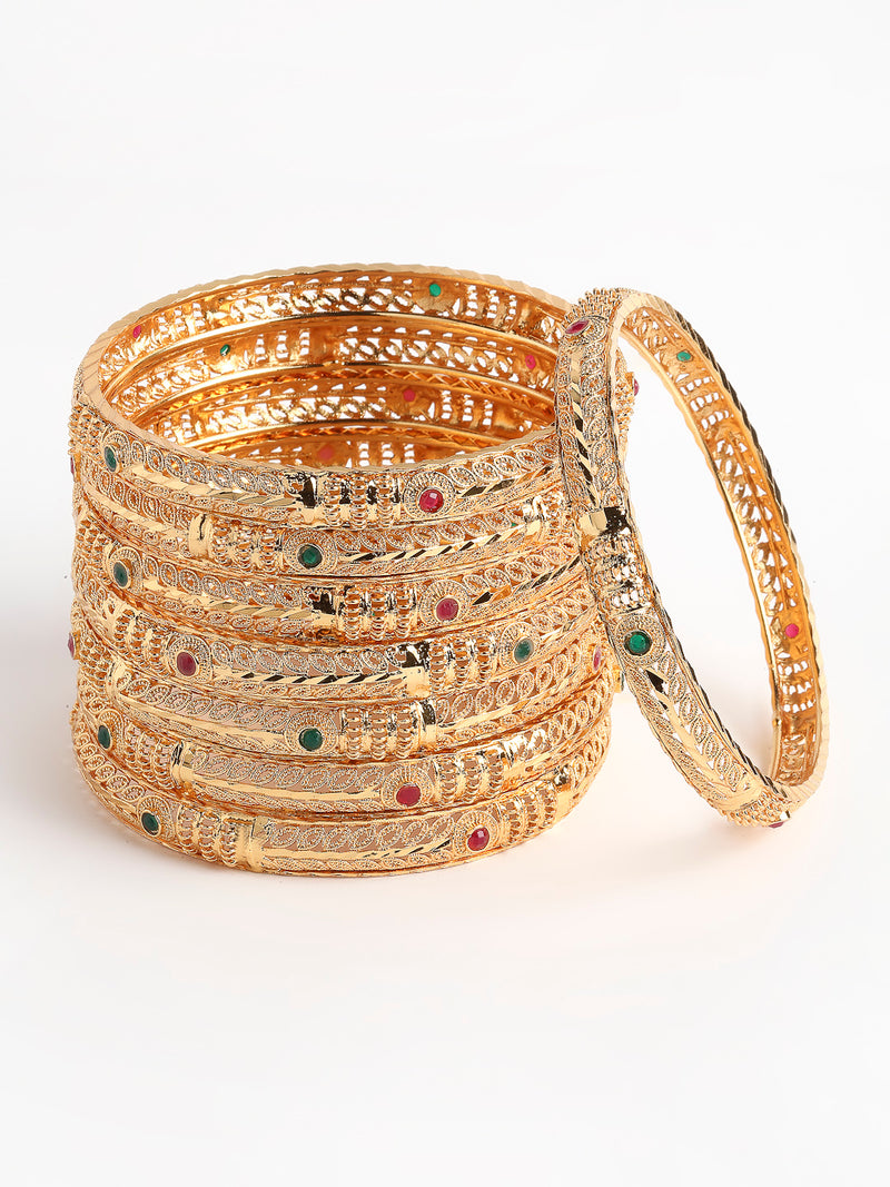 Gold-Plated & Red Stones-Studded Set Of 8 Meenakari  Bangles