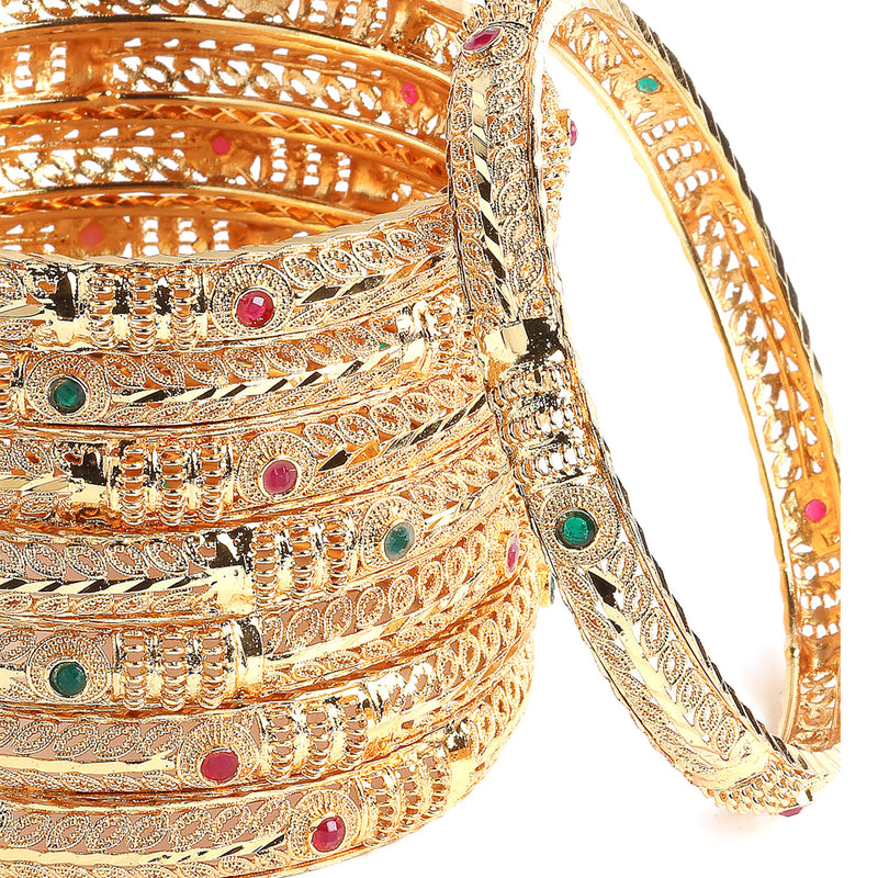 Gold-Plated & Red Stones-Studded Set Of 8 Meenakari  Bangles